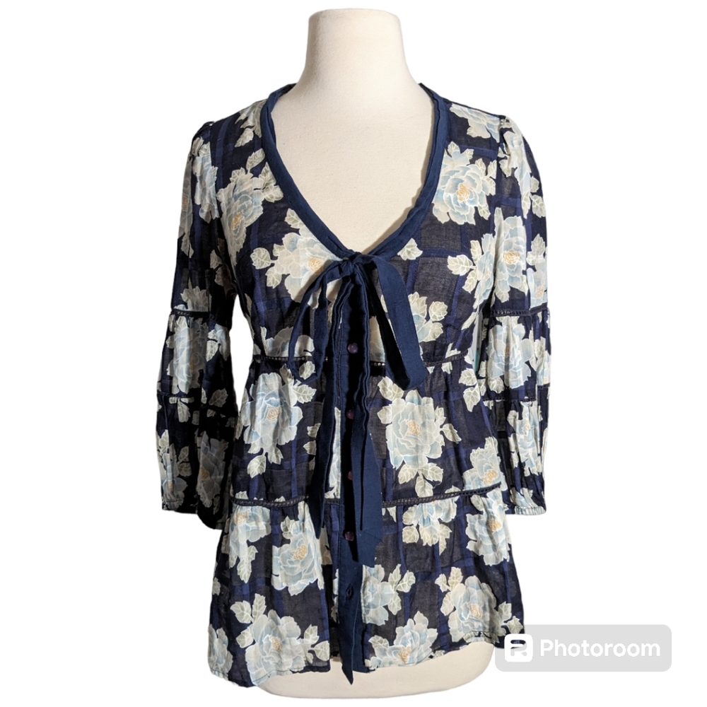 Vintage Odille Anthropologie Faraway Tunic 4 S Floral Tie-Front Voile Blouse Top